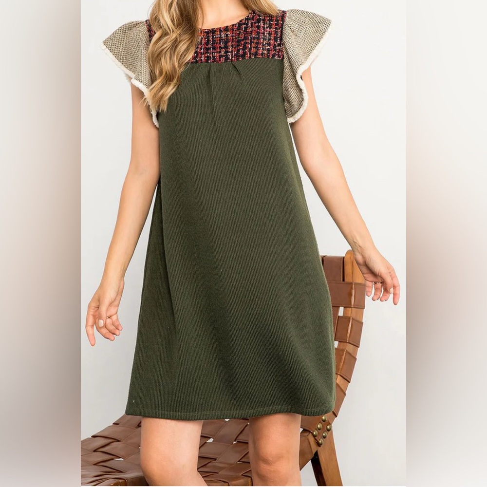 THML  Forest‎ Green Knit Dress Flutter Sleeve Tweed Fringe Small GUC